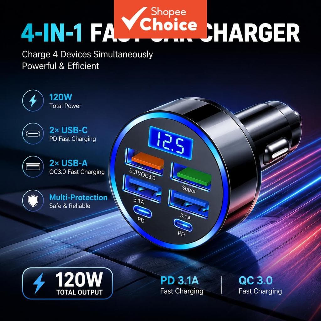 Adaptador de carro de carregamento rápido 6 em 1 2026 3.1A, display digital duplo Tipo-C, para smartphones e tablets,