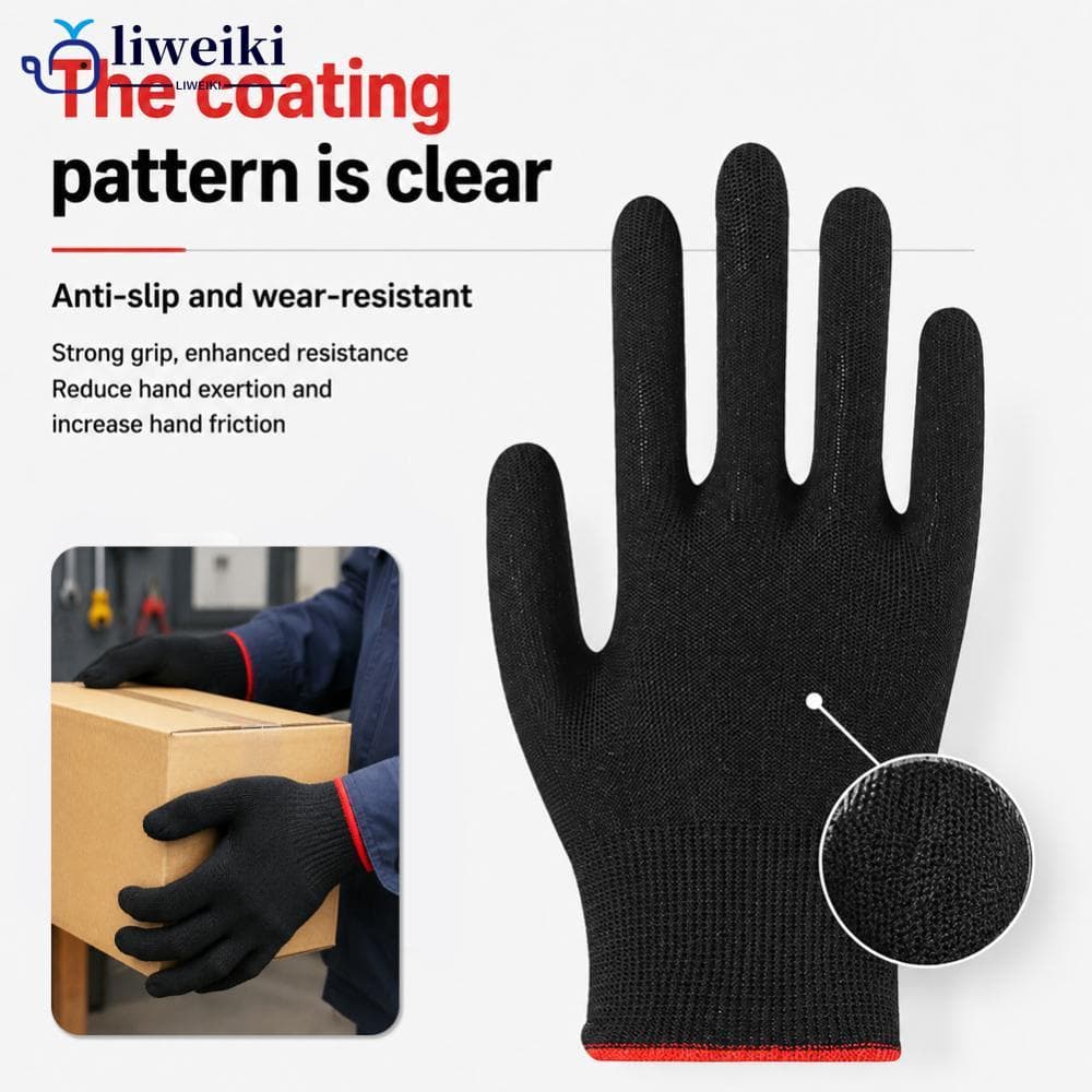 LIWEIKI 12 Pares De Nylon Antiestático Preto PU Luvas De Proteção Revestidas De Palma Trabalho Respiráveis Antiderrapant