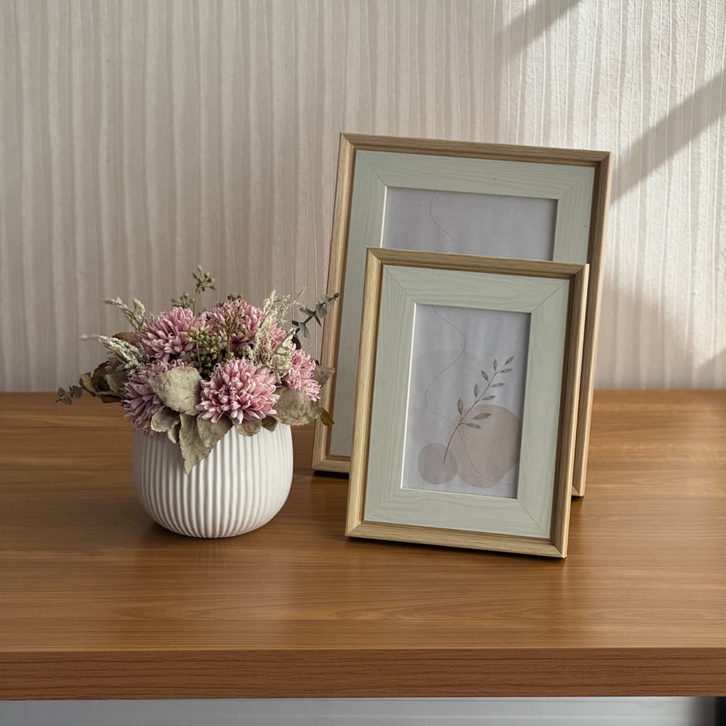 Kit Arranjo de Cravo Rosa com Vaso de Cerâmica Canelado e Dupla de Porta-Retratos Nórdicos