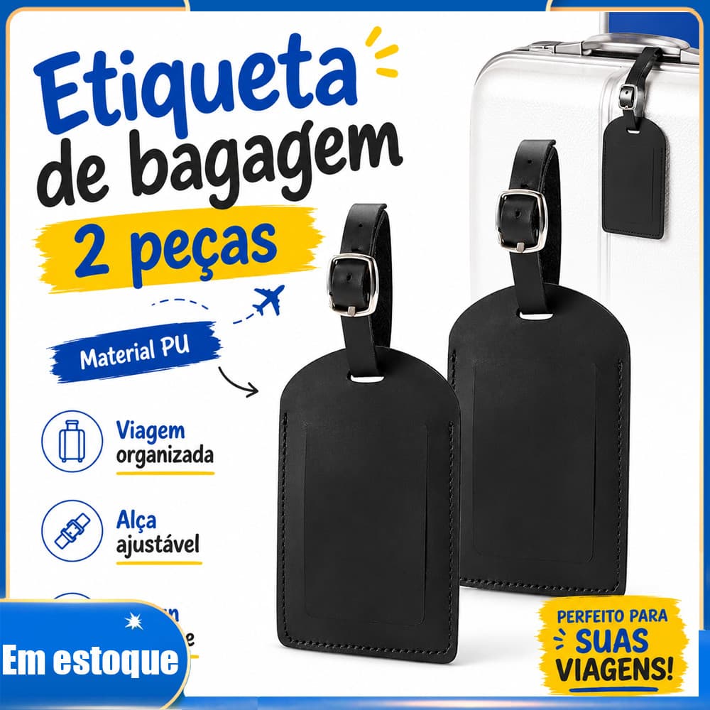 Tags de Mala 2 Peças Pretas para Viagem, Mochila e Pasta, Ajudam a Encontrar Bagagem e Facilitar Devolução Segura