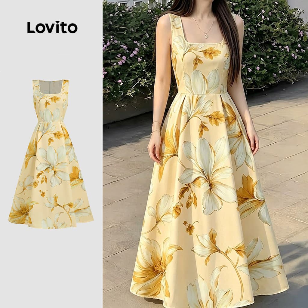 (New Arrival) Lovito Vestido Casual com Zíper Padrão de Vestido de Primavera/verão para mulheres L196LD554