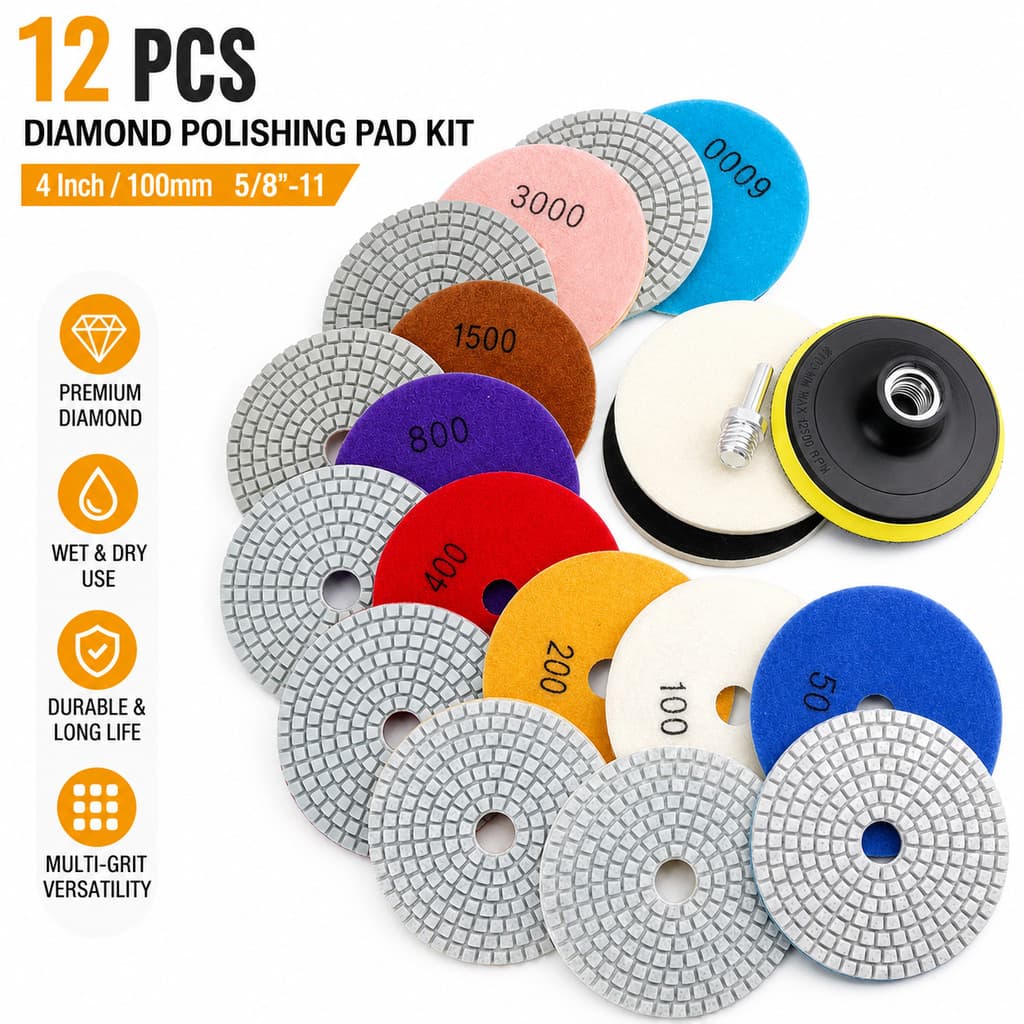 Kit Almofadas Polimento Diamante 12 Pçs 100mm 5/8-11 Granito Mármore Concreto Molhado Seco Pedra Acessório Ferramenta