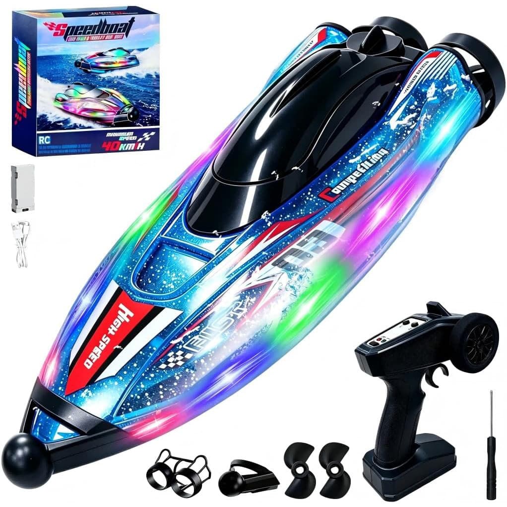Barco De Controle Remoto Para Crianças , RC Sem Escova De 25 MPH De Velocidade Rápida | Luz LED , Auto-Direita , 2 Veloc