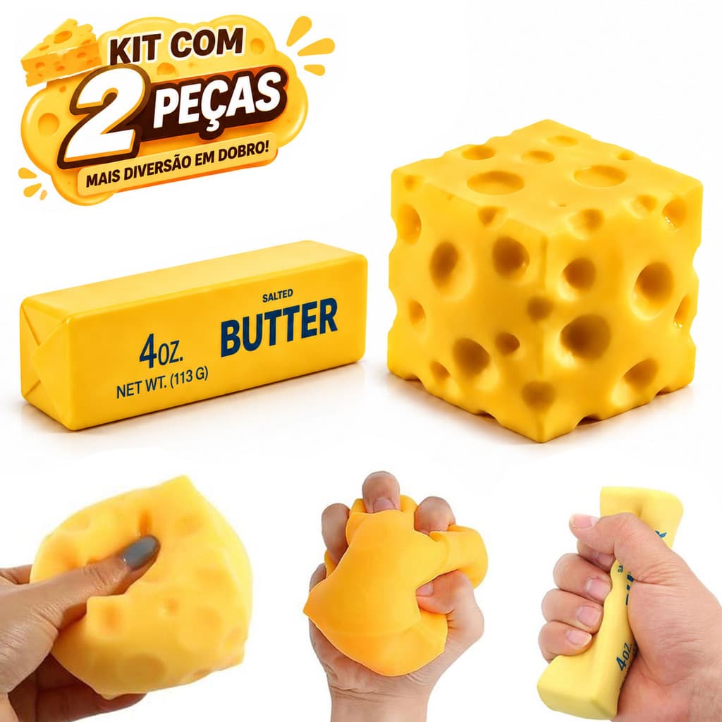 Kit com 2 Brinquedos Squishy, Manteiga e Queijo Fidget Toy Sensorial Macio Brinquedo Antiestresse para Apertar e Relaxar