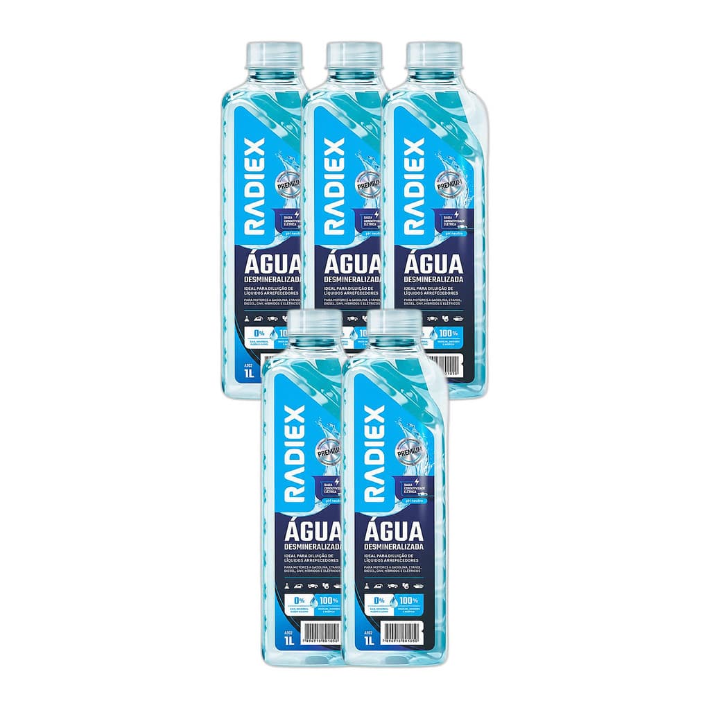 Kit 5 Agua Desmineralizada Radiex 1L Ultra Pura Radiador Bateria Ferro Vapor Proteção Carro