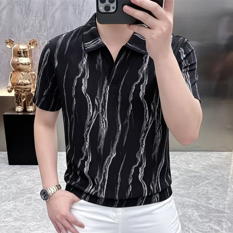Camisa POLO Masculina Listrada De Tinta Estilo Luxo Leve De Verão , top casual De Manga Curta Com Lapela Moderna Para Jo