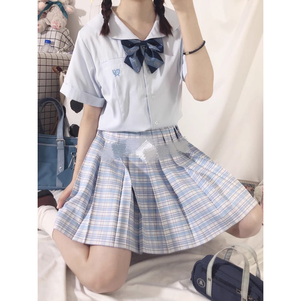 [Terno] Camisa Náutica + Saia Xadrez Céu Transparente + Mesmos Objetos Pequenos Xadrez Verão Primavera Verão Estudante J