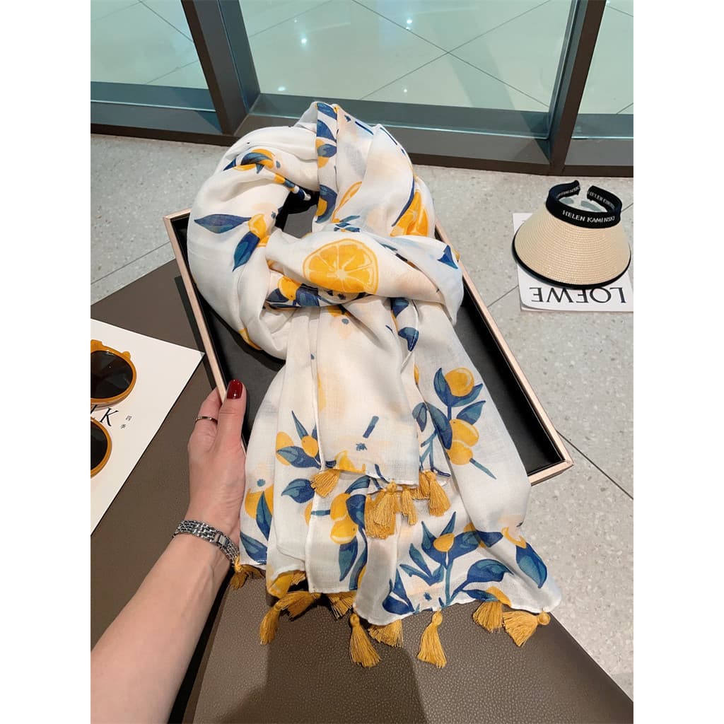 Folha de limão lenço de seda feminino primavera verão viagem protetor solar pára-sol grande xale outono fino algodão lin