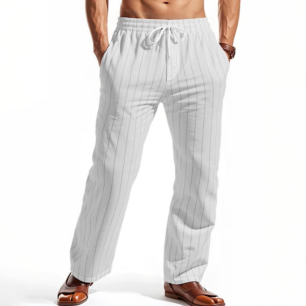 BOOTRENDY Calça Masculina Listrada De Algodão E Linho , Praia , Cordão , Cintura Elástica , Respirável , Inteligente , C