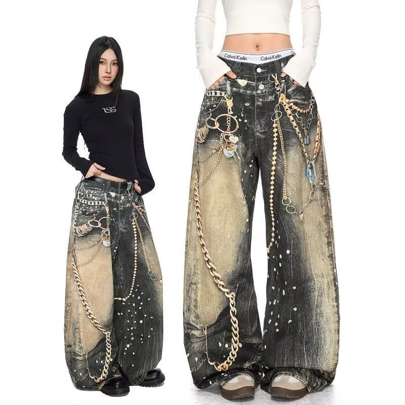 Nicho corrente impressão unissex Jeans masculino rua único solto em linha reta calças casuais femininas