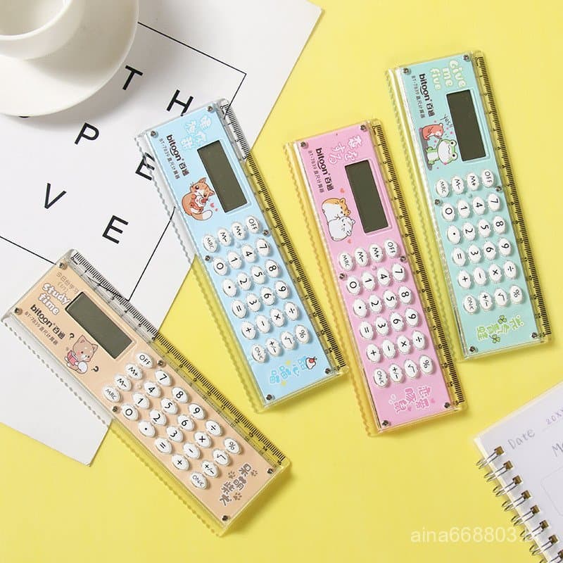 Calculadora com régua de desenho animado, material escolar para estudantes, mini calculadora eletrônica de presente OFOF