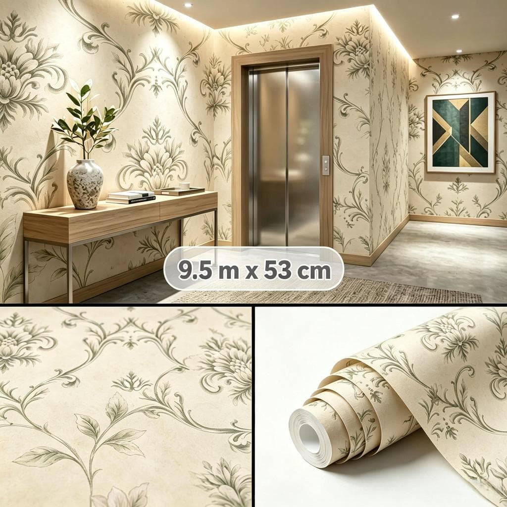 Papel de Parede Autoadesivo Floral Vintage Bege Creme Verde Suave 9,5m x 53cm Impermeável Decoração Quarto Sala
