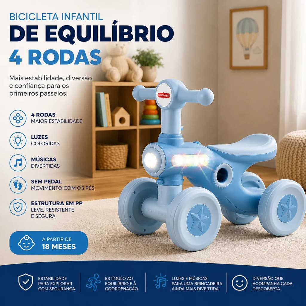 Bicicleta Infantil Musical Equilíbrio Sem Pedal 4 Rodas Bebê