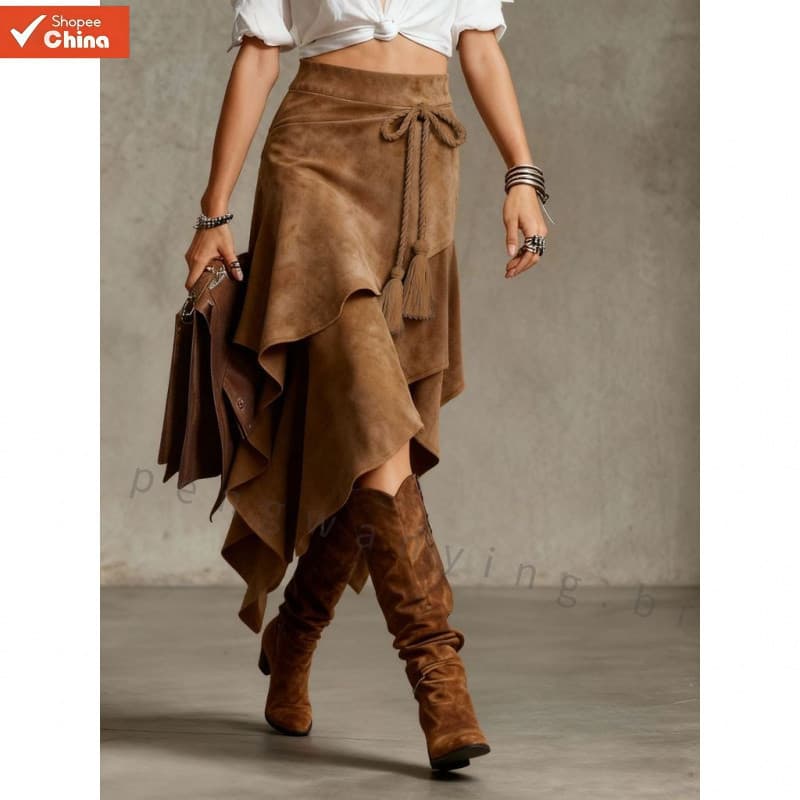 Saia Midi Feminina de Cintura Alta Estilo Cowgirl Ocidental Assimétrica de Camurça Vintage Fluido Boho QJIF