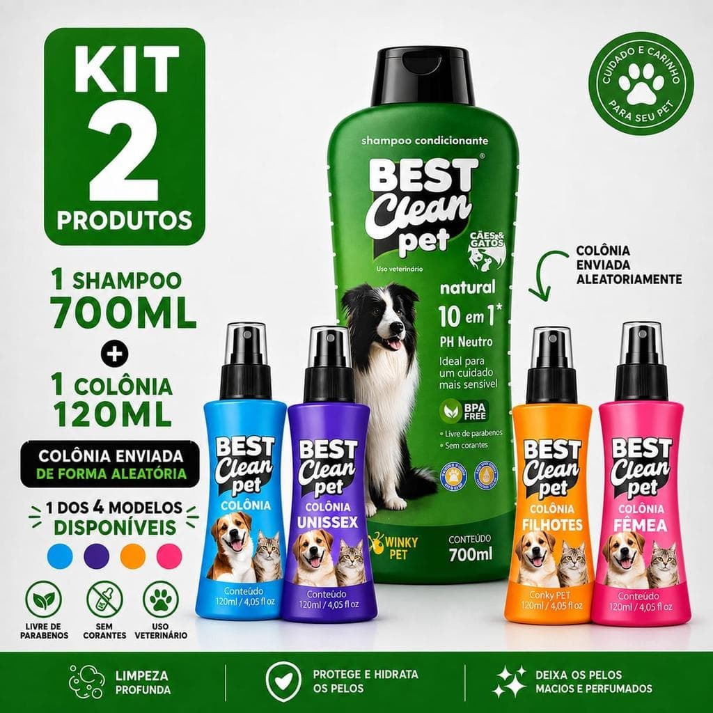 Kit Shampoo Condicionante Pet 10 em 1 700ml + Colônia 120ml - pH neutro, Sem Parabenos, Uso para Cães e Gatos