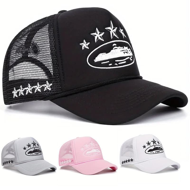Boné de beisebol com estampa de estrela de cinco pontas, boné de malha de esponja ao ar livre, boné de caminhoneiro de m