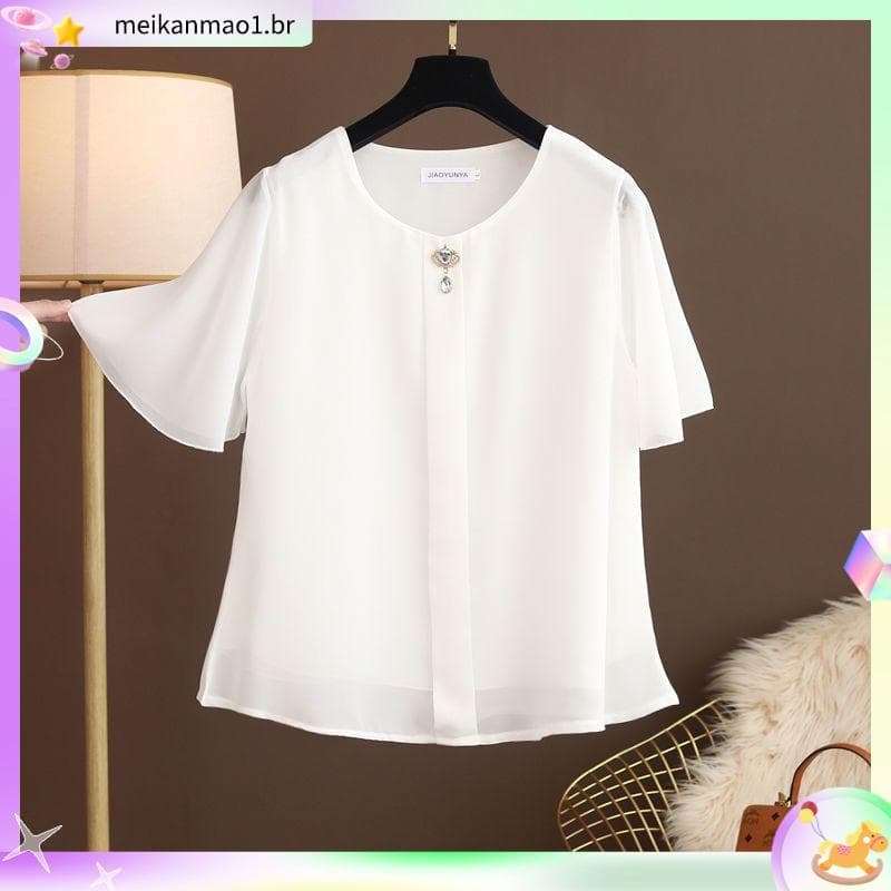 5971 pessoas elogios pessoas gordas verão manga curta em torno do pescoço camiseta feminina Chiffon Plus Size gordura MM