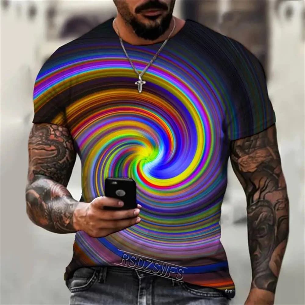 Novo Verão Masculino Design Abstrato Camiseta Moda Casual Impressão 3D Solto O Pescoço Manga Curta Personalidade De Rua