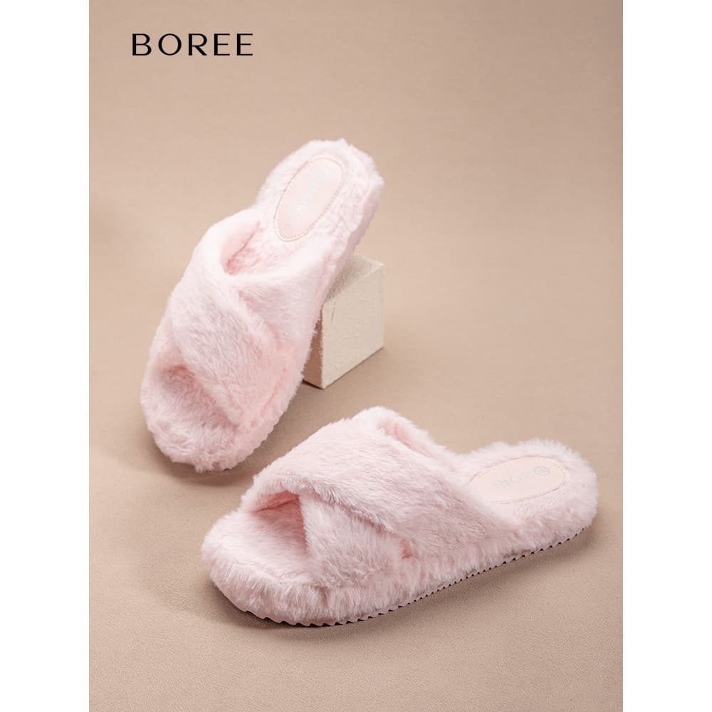 Baoren chinelos de algodão outono inverno chinelos peludos femininos de sola grossa pode usar fora rosa bonito influenci