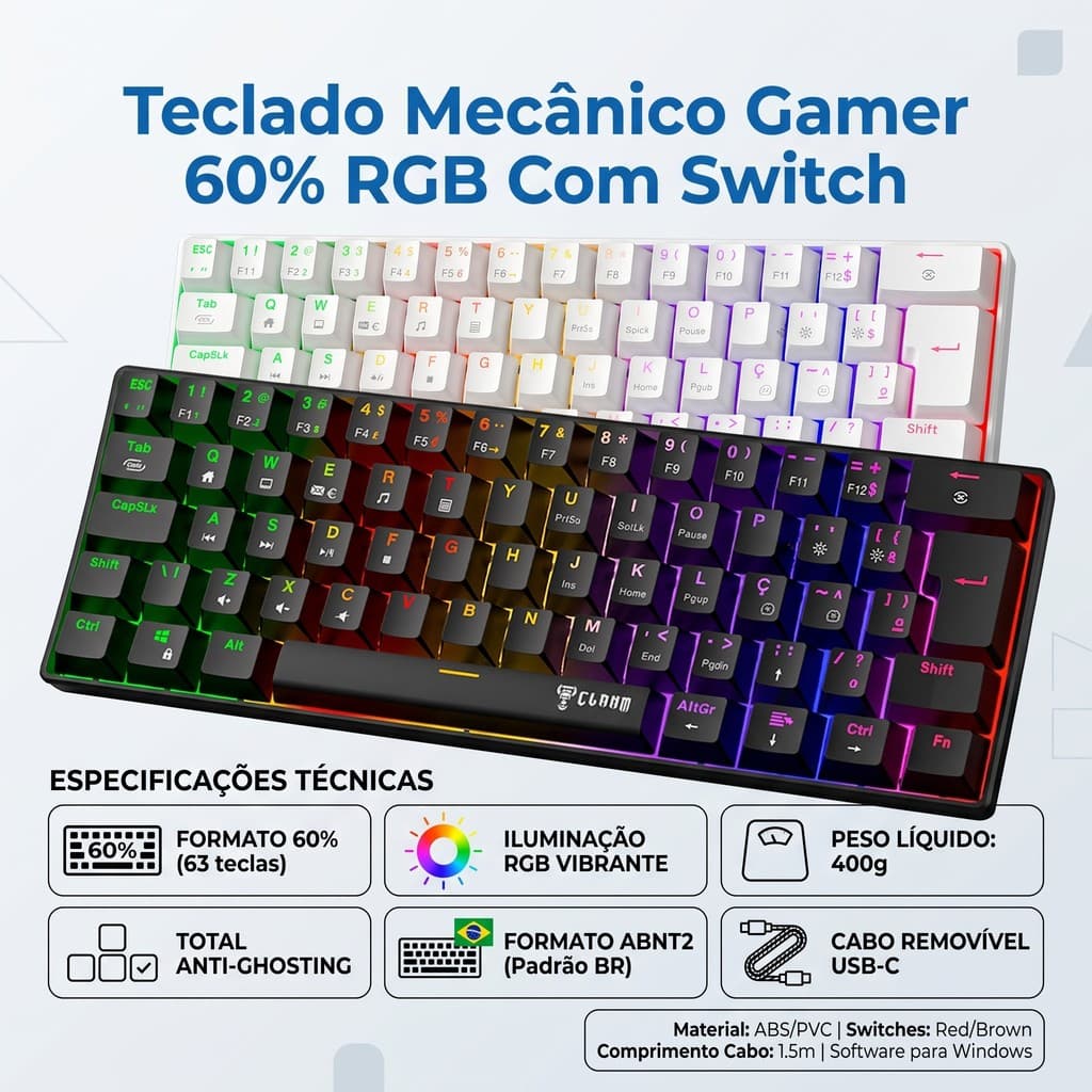 Teclado Mecânico Gamer 60% Rgb Switch Red