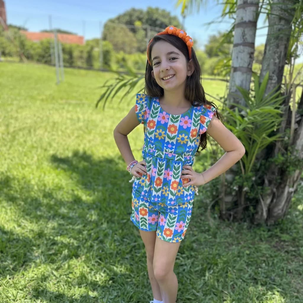 Conjunto Isabelly em Malha Canelada | Conjunto Infantil Floral | Conjunto Menina de Shorts e Blusa | Blusa de Babadinhos