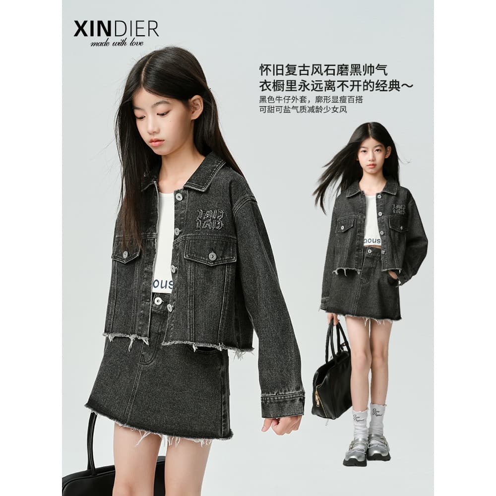 Xindier [jeans rebelde] Jaqueta jeans preta vulcanizada para meninas primavera solta Casual retrô