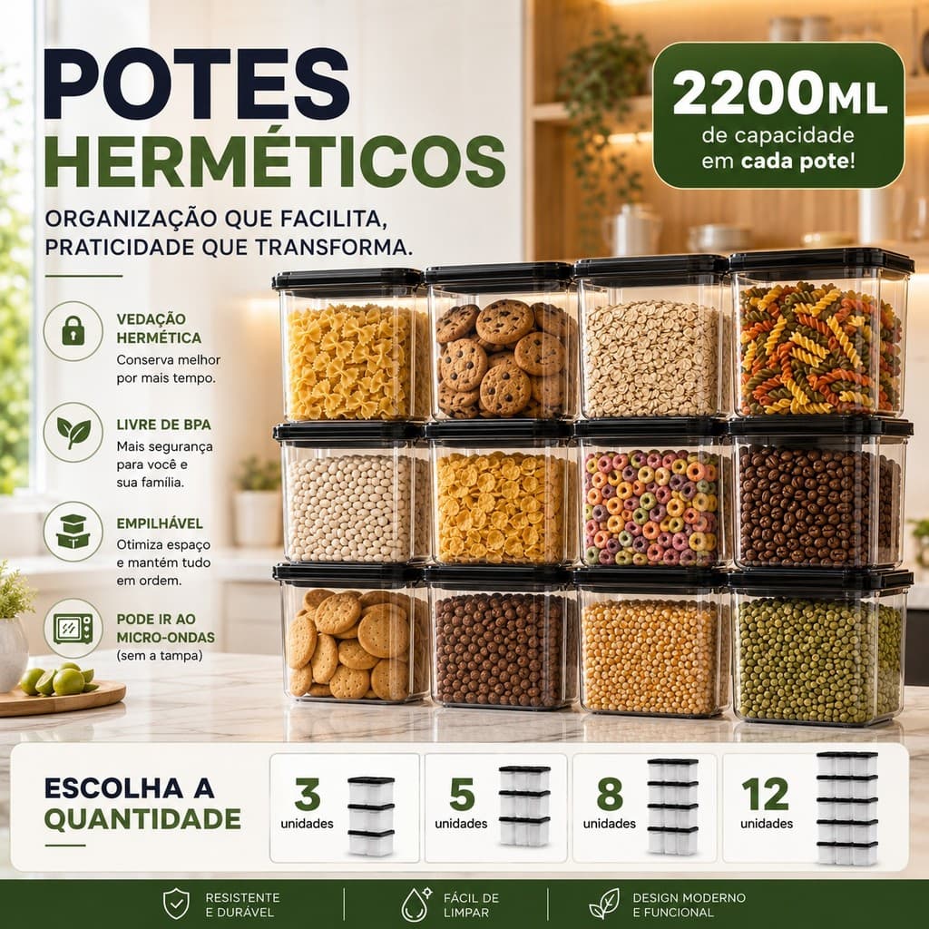 Kit Marmita Fitness Potes Plásticos 2200L P/ Microondas e Geladeiras Dietas Pote Hermético