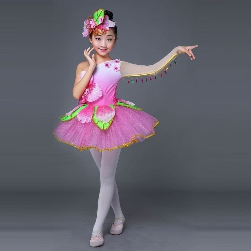 Fantasia de saia de pétala infantil, fantasia de dança com flores de pêssego, fantasia de dança para fãs de crianças, ja