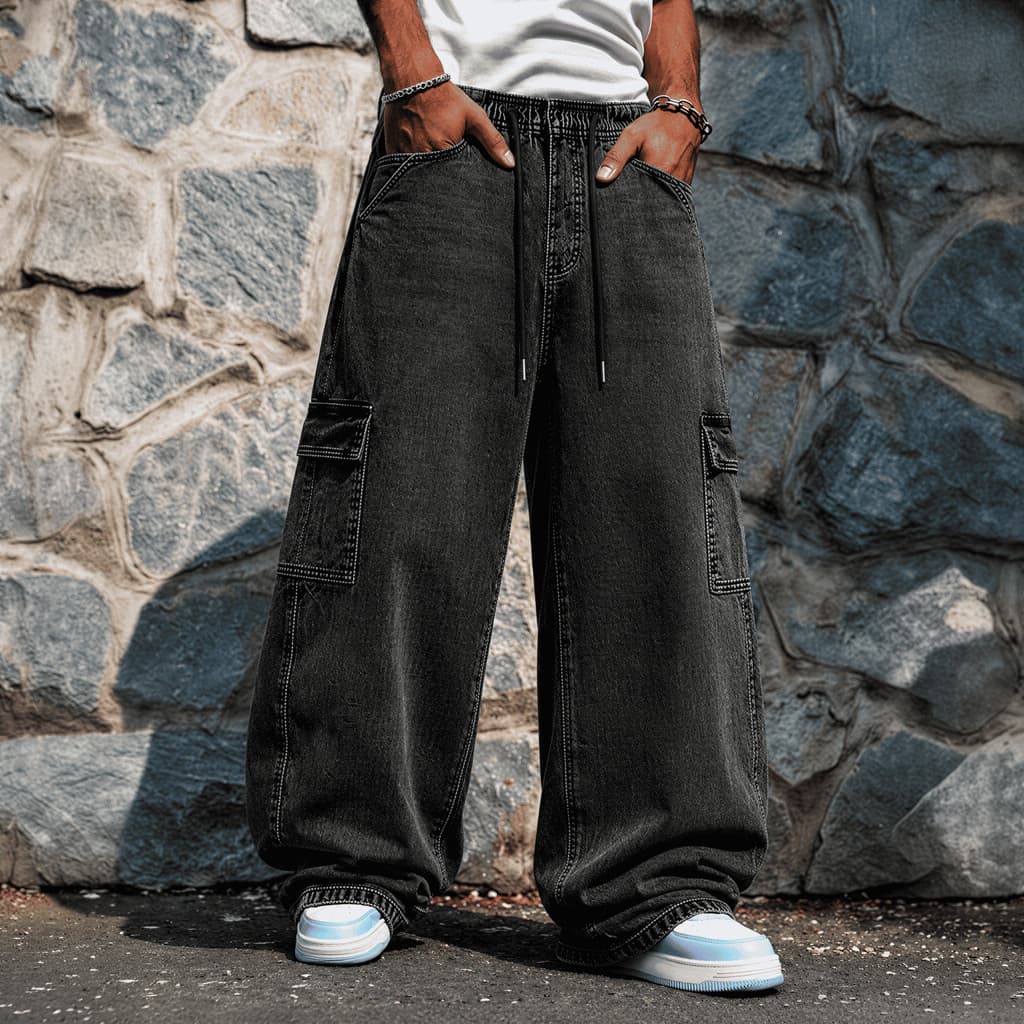 Calça Cargo Masculina 6 Bolsos Sarja Streetwear Tática Jogger Larga Casual Urbana Militar Hip Hop Skate Confortável