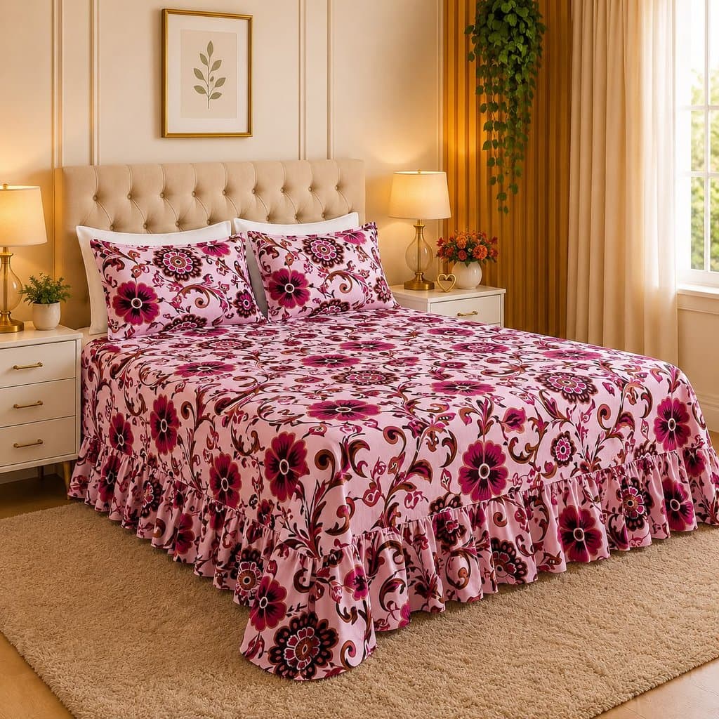 Kit Colcha de Cama Cobre Leito Queen Lençol Babado 2 Fronhas Estampadas Casal Quarto