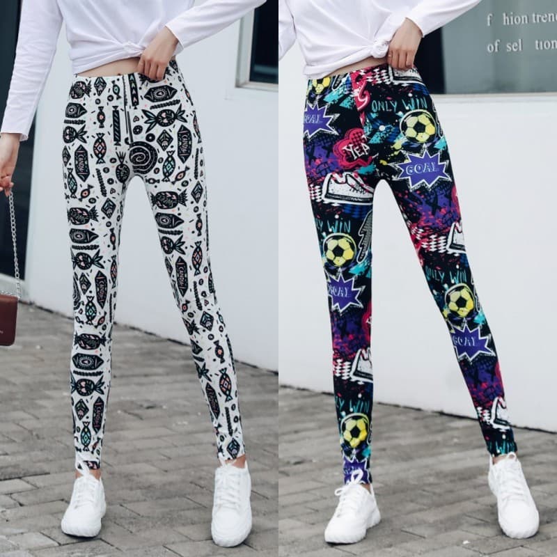 Primavera outono novo estilo carta impressa Leggings feminino exterior Wear estiramento fino-ajuste mais magro olhar na