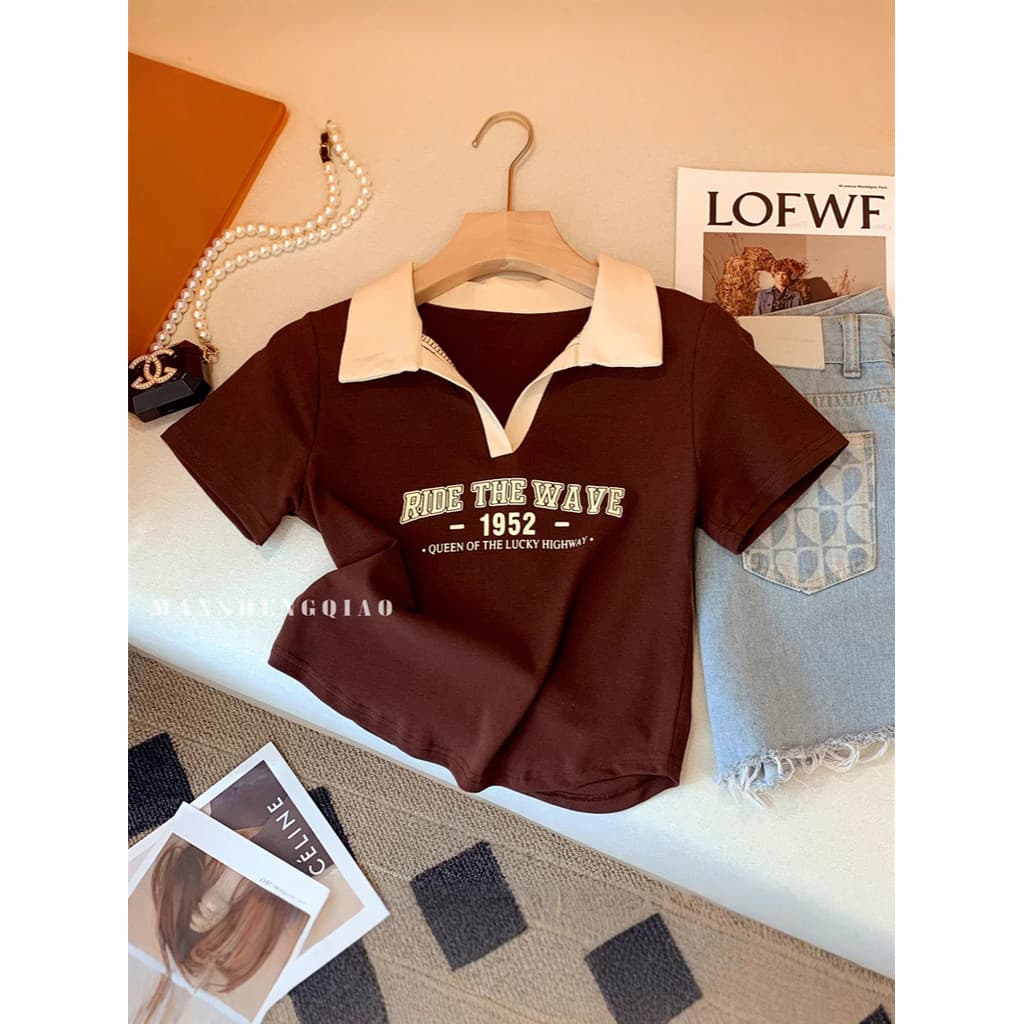 Top curto americano quente menina polo gola contraste cor ombro positivo manga curta camiseta feminina Design de verão I