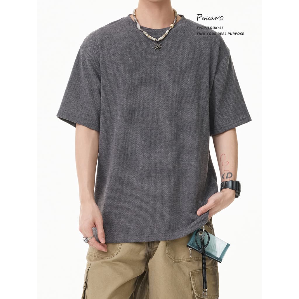 FYRP Momo Japonês Retro Solto Em Torno Do Pescoço Cor Sólida Camiseta de Manga Curta Homens Mulheres Verão Fino Casual C