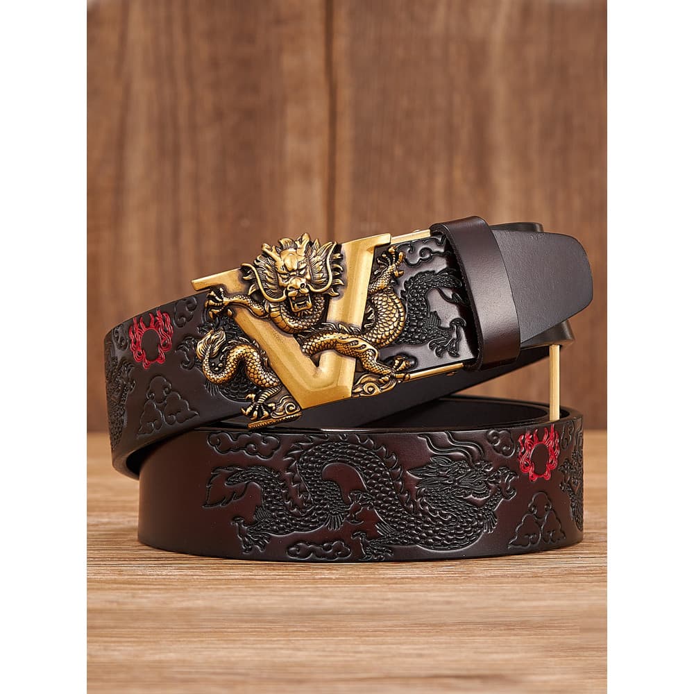 Cinto masculino V-Dragon com fivela automática de duas camadas em relevo estilo étnico cinto exclusivo Dragon Pat