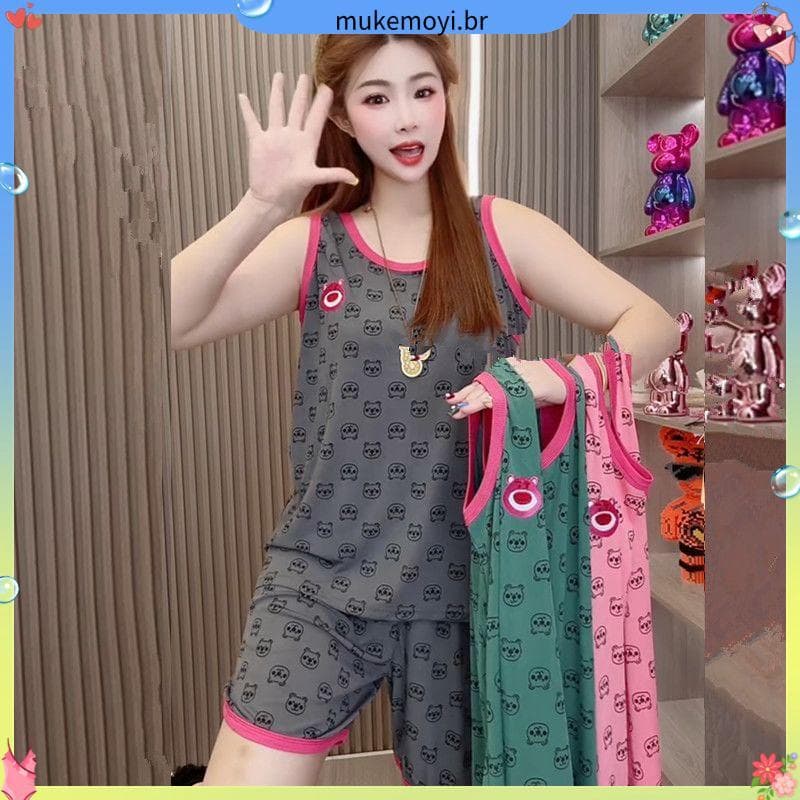Moda redução de idade tamanho grande solto mais magro olhar pijamas feminino em torno do pescoço impresso terno de duas