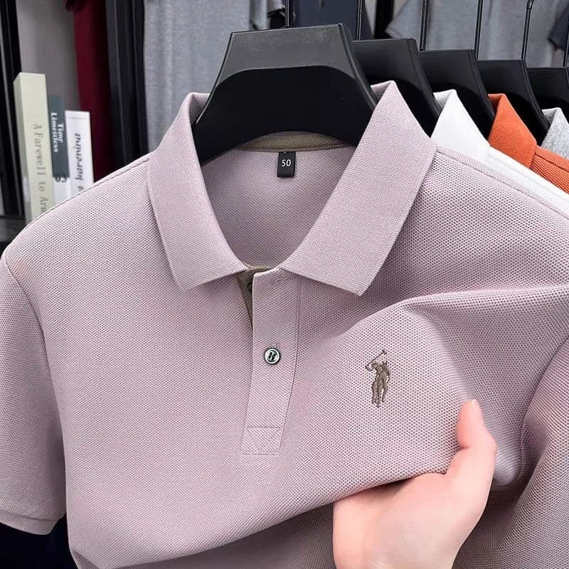 Camisa polo High-End negócios camisa polo de manga curta solta camiseta masculina bordado de cor sólida