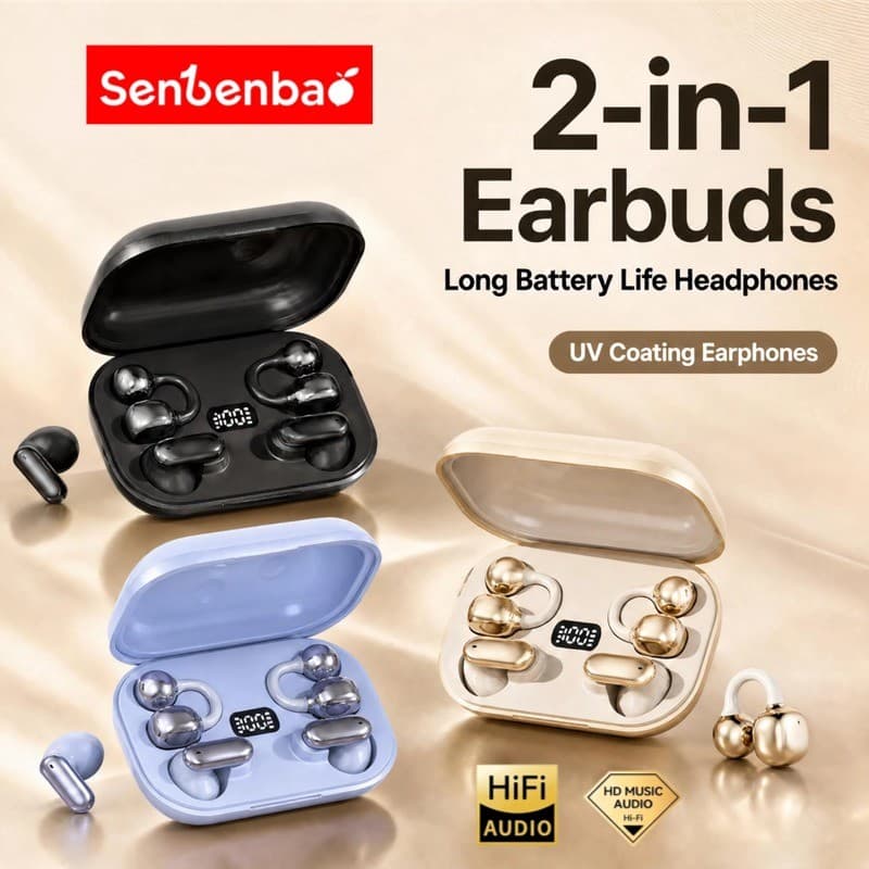Senbenbao H70 Fones De Ouvido Sem Fio Com Clipe Design 2 Em 1 Acabamento Brilhante UV ENC Cancelamento De Ruído Bateria
