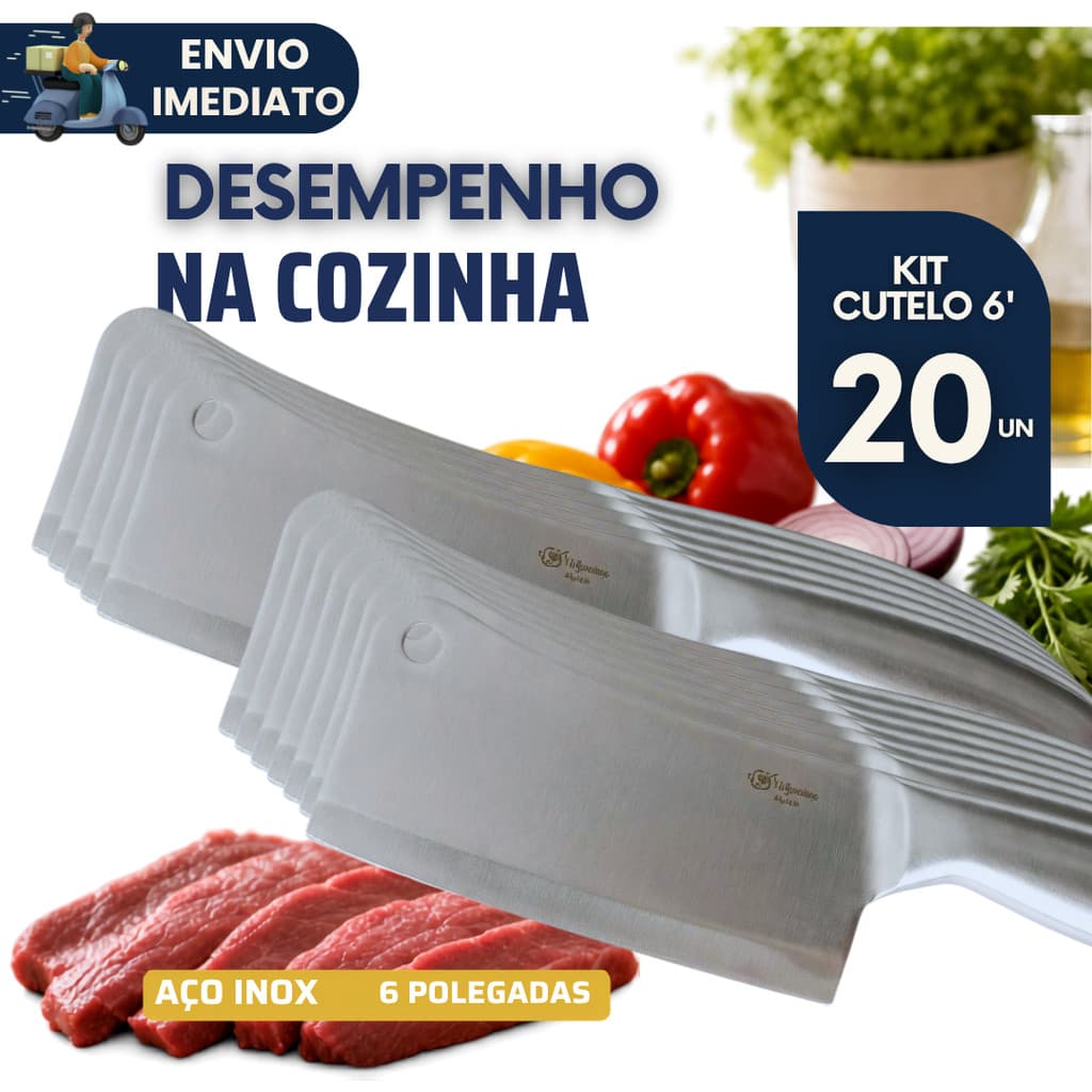 Kit 20 Faca Cutelo Aço Inox 6 Polegadas Profissional Açougueiro Corta Osso Carnes Churrasco Cozinha