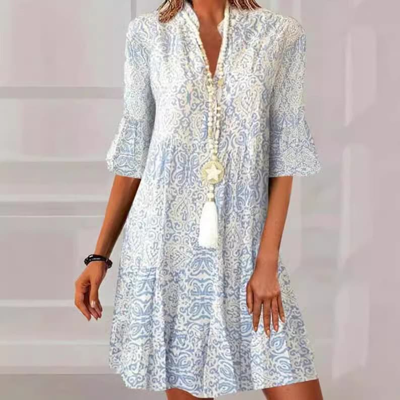 2026 verão novo estilo feminino Cross-Border comércio exterior com decote em V solto meia manga vestido impresso feminin
