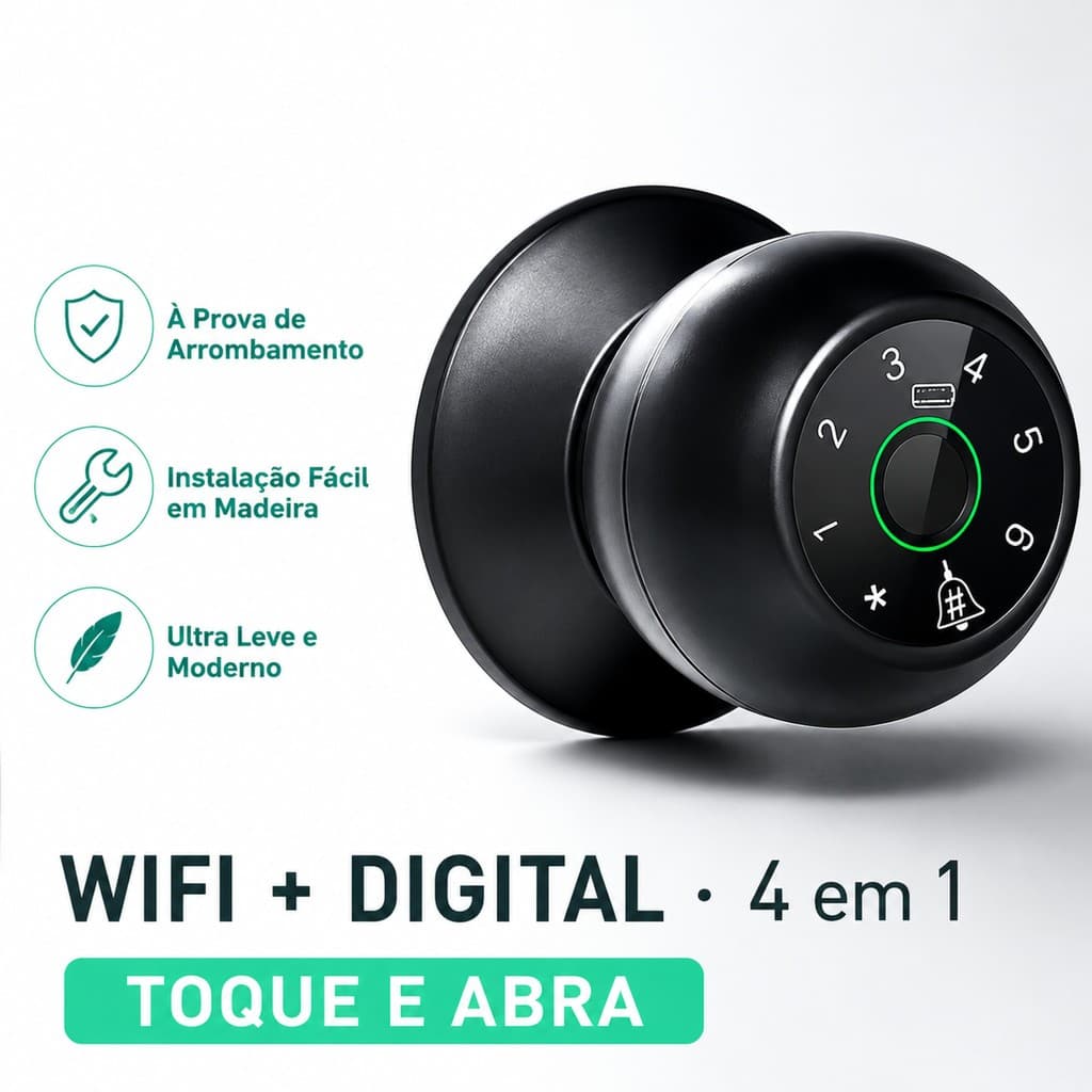 Fechadura Inteligente Esferica Digital com WiFi para Porta de Madeira com Impressao Digital Senha Chave e Cartao para