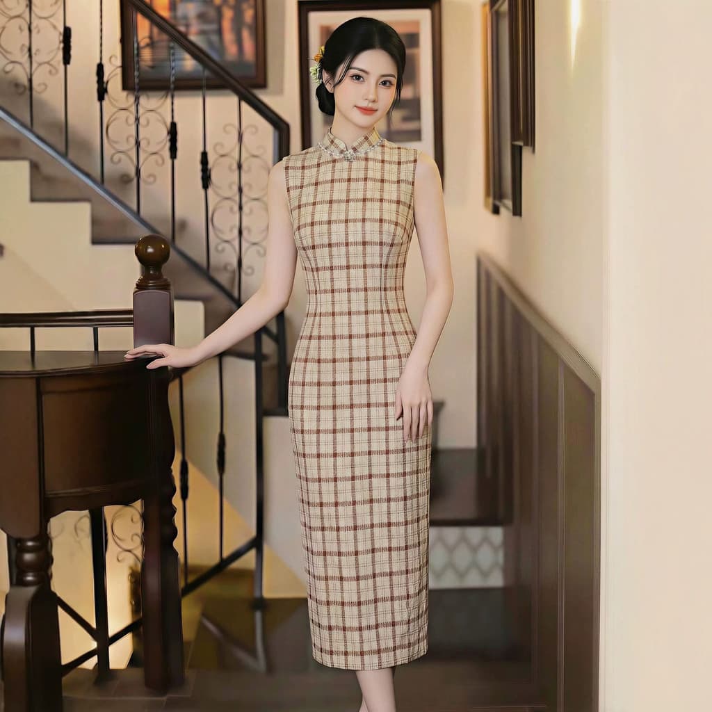 Retro vermelho xadrez melhorado 2026 novo estilo Cheongsam feminino gola alta sem mangas estilo longo mais magro olhar n