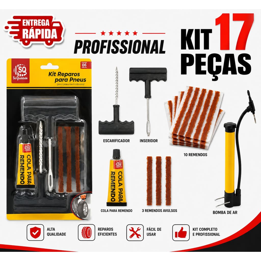 Kit Reparo Pneu sem Camara p/Carro e Moto + 10 Refil Selante Macarrão Remendo + Bomba de ar