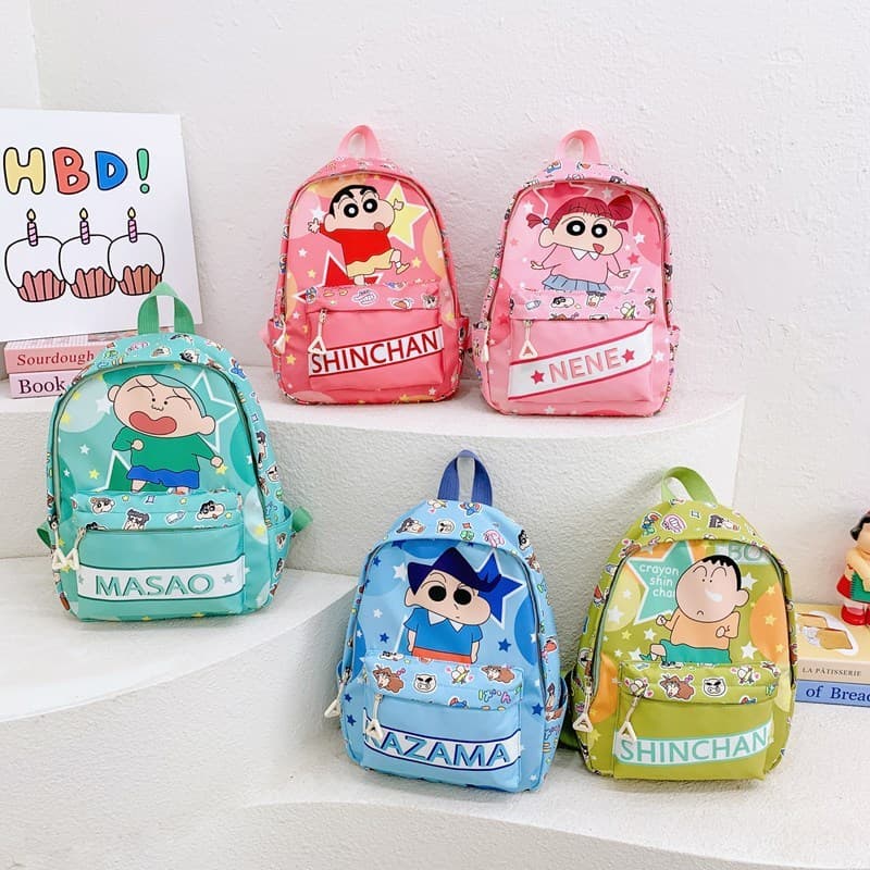 Nova mochila de comércio exterior, mochila infantil Crayon Shin-chan para meninos e meninas, mochila infantil com estamp