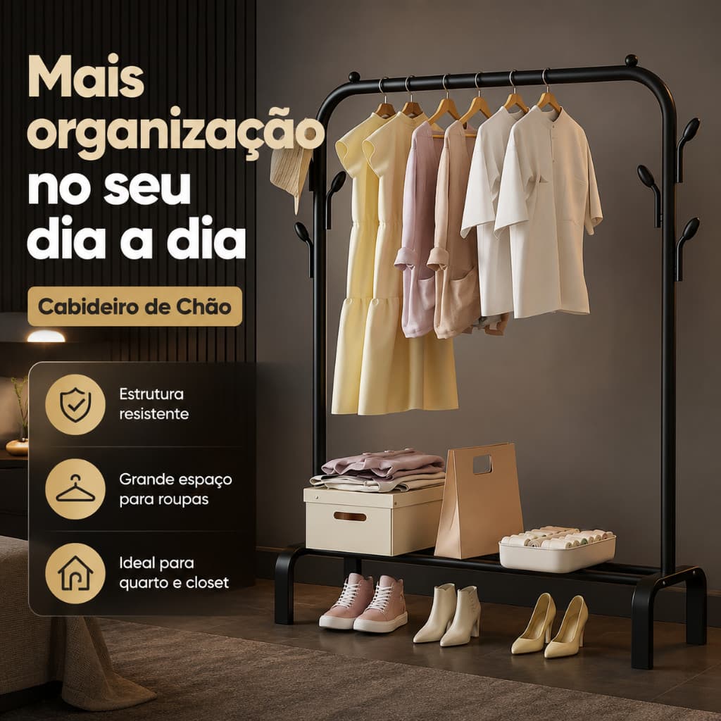 Arara de Roupas 1 ou 2 Barras, Cabideiro Reforçado com Varal de Chão para Quarto Varanda e Lavanderia