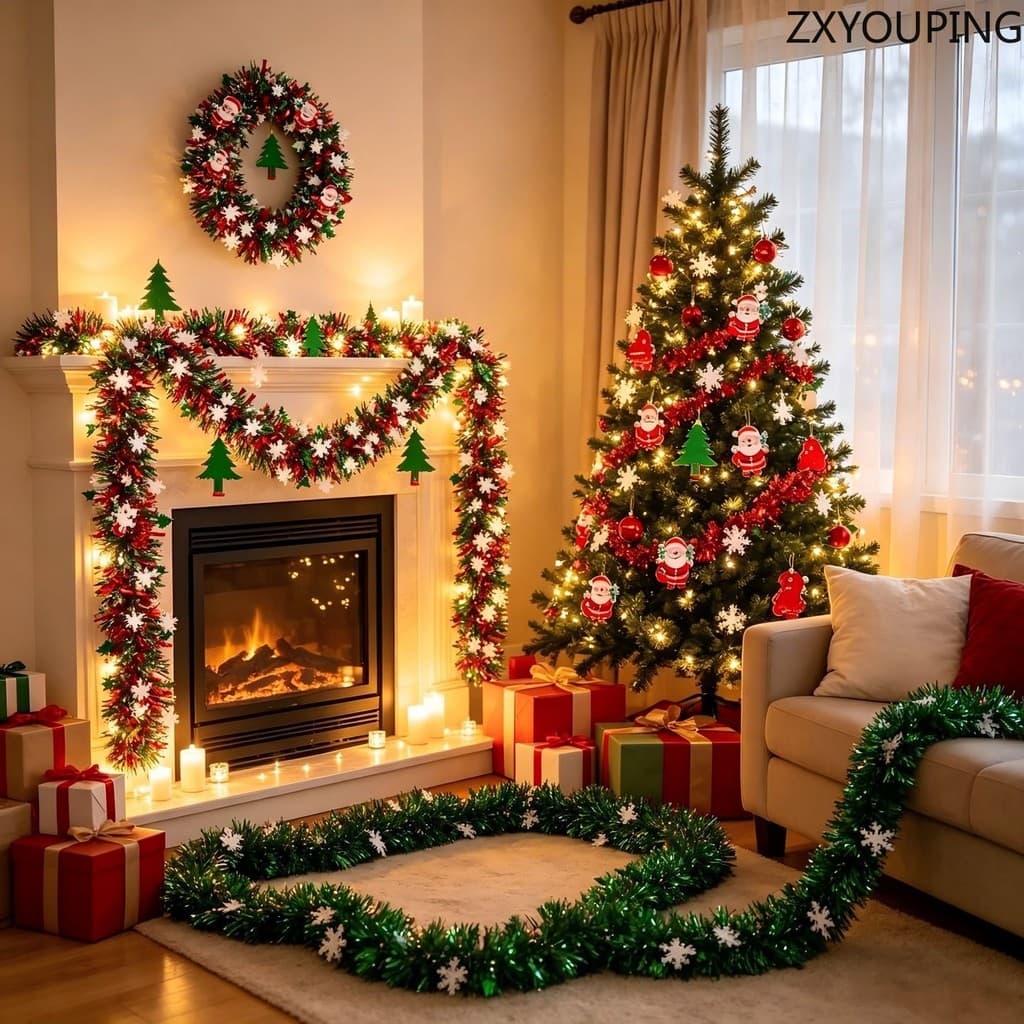 2M Guirlanda De Enfeites De Natal Folha Metálica Brilhante Árvore Pendurado Decoração Festa Casa Do Feriado