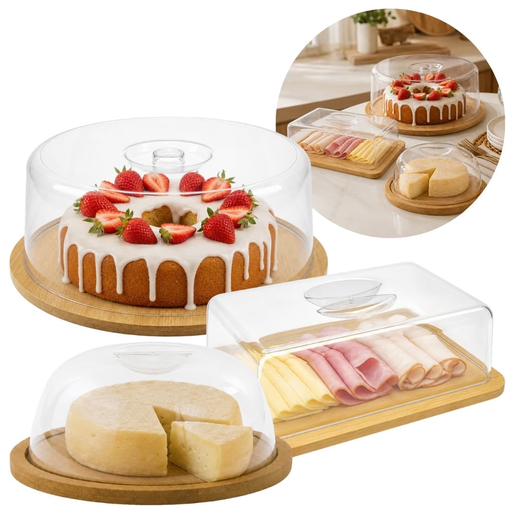 Kit Boleira De Bambu Queijeira E Porta Frios Com Cúpulas Transparentes Para Cozinha E Mesa