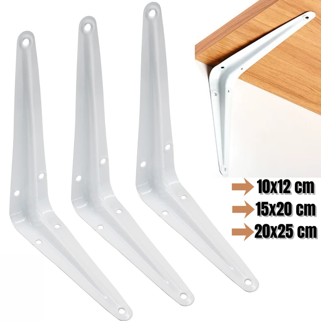Kit Suportes Mão Francesa 10x12/15x20/20x25cm - Para Prateleira Branca Tábua Cantoneira Reforçada