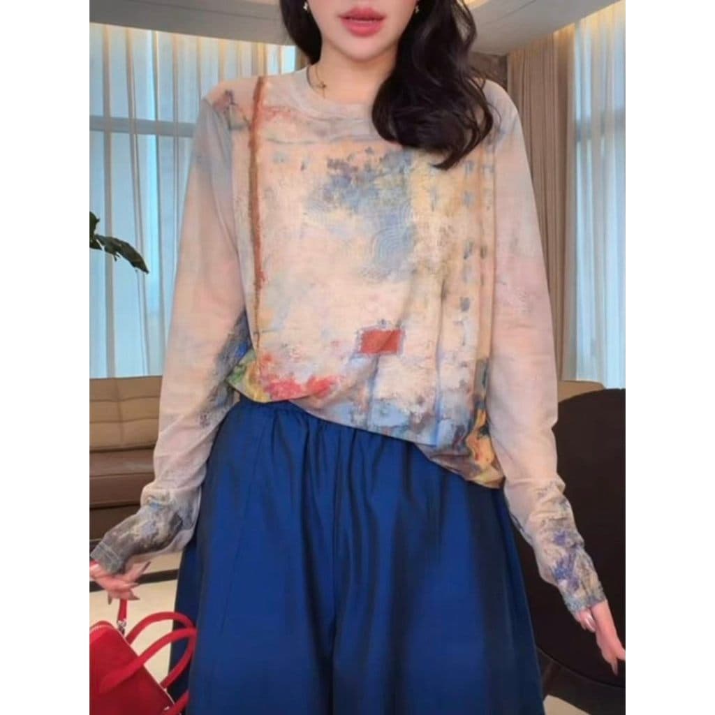 Novo estilo verão moda All-Match mais magro olhar em torno do pescoço malha impressa de manga comprida camiseta feminina