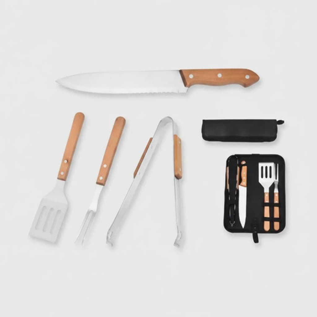 Jogo De Churrasco Inox 5 Peças Com Cabo De Madeira E Estojo