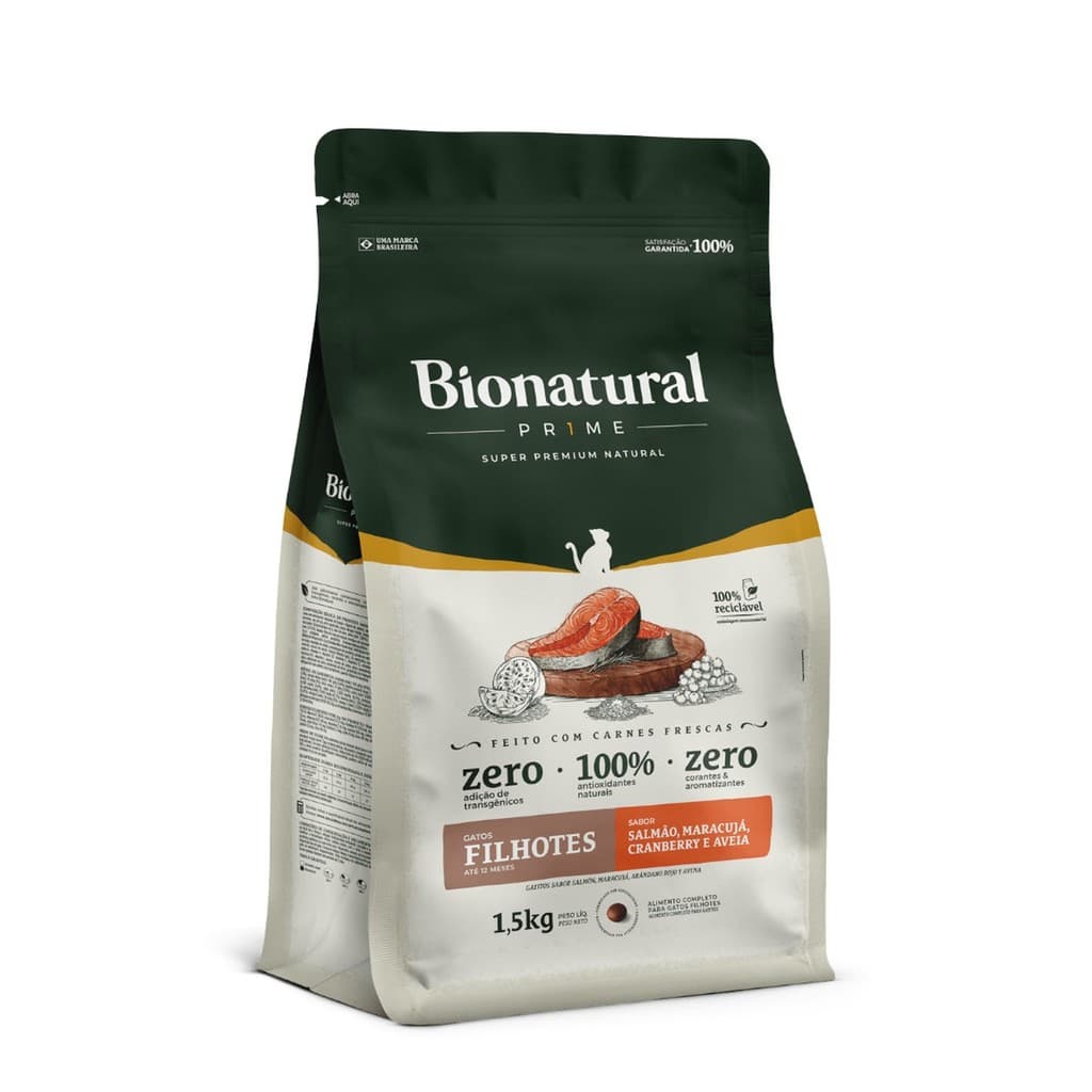 Ração Bionatural Prime Filhote Gato Salmão 1,5kg Maracujá Cranberry Aveia Com DHA Taurina Super Premium Natural
